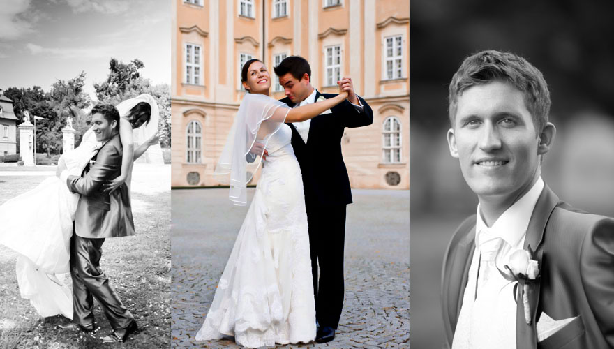 Links trägt ein Bräutigam seine Braut auf den Schultern und sie kichert. Rechts blickt der Bräutigam in die Ferne. In der Mitte tanzt ein Brautpaar vor einem Schloss. Der Bräutigam staunt über etwas im Dekoltee der Braut.