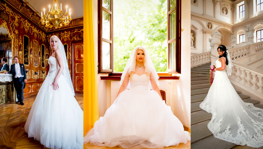 Das erste Bild zeigt ein Brautpaar in einem Schlosszimmer mit Kamin. Das zweite Bild zeigt eine Braut die am sonnigen Fenster wartend sitzt. Das dritte Bild zeigt eine Braut auf grossen Stufen in einem Palast.