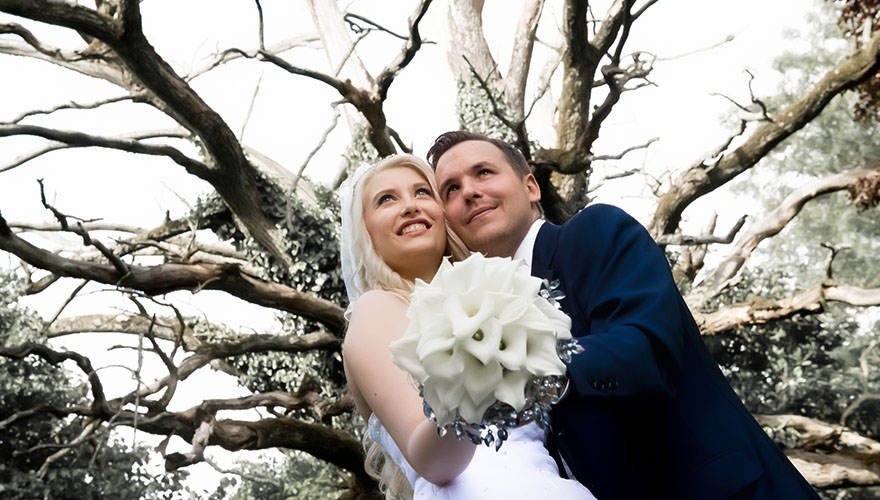 Ein Brautpaar steht Wange an Wange vor einen alten knorigen Baum, welcher keine Blätter mehr trägt.