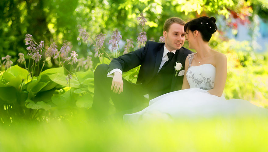 Ein Brautpaar sitzt auf einer Wiese vor schönen Blumen mit riesengrossen Blättern. Sie konzentrieren sich nur auf sich selber.