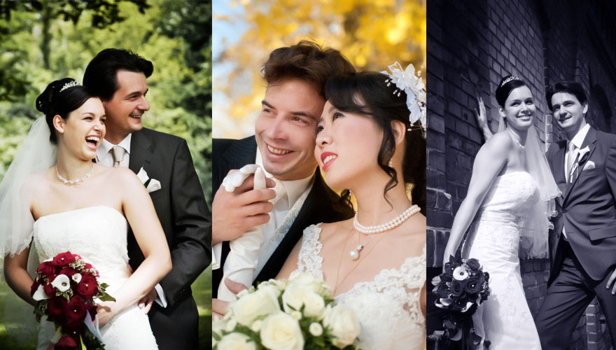 Eine Serie von drei Bildern zeigt ein hell lachendes Brautpaar. Ein Brautpaar im Herbst, das Laub ist kurz bevor es von den Bäumen fällt und am letzten Bild ist ein Brautpaar an eine Ziegelwand gelehnt und blickt in die Zukunft.