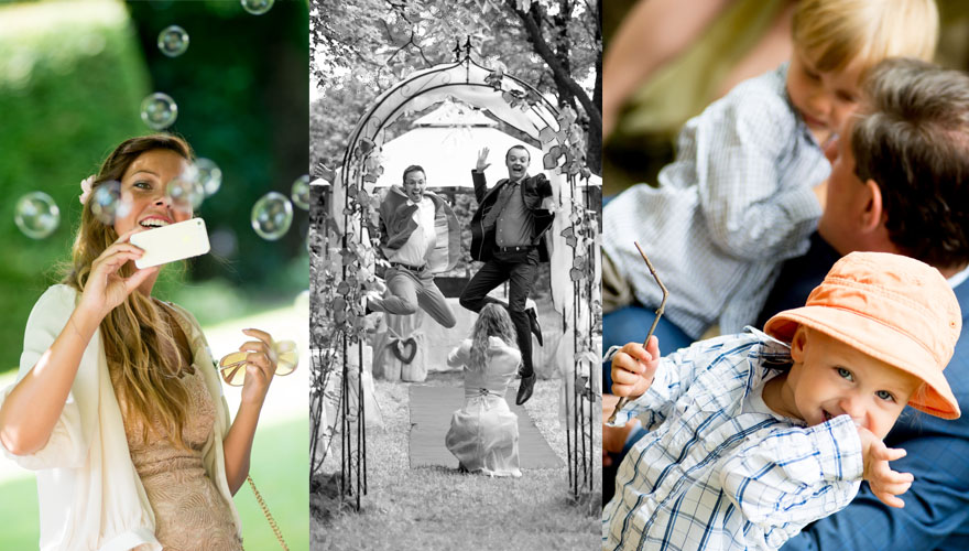 Eine Serie von Bildern zeigt fröhliche Hochzeitsgäste. Eine junge Frau fotografiert mit Ihrem Mobiltelefon Seifenblasen in der Luft. Eine zweite Frau fotografiert zwei springende Männer in einem Garten. Auf dem letzen Bild blickt ein junger Bub neugieri
