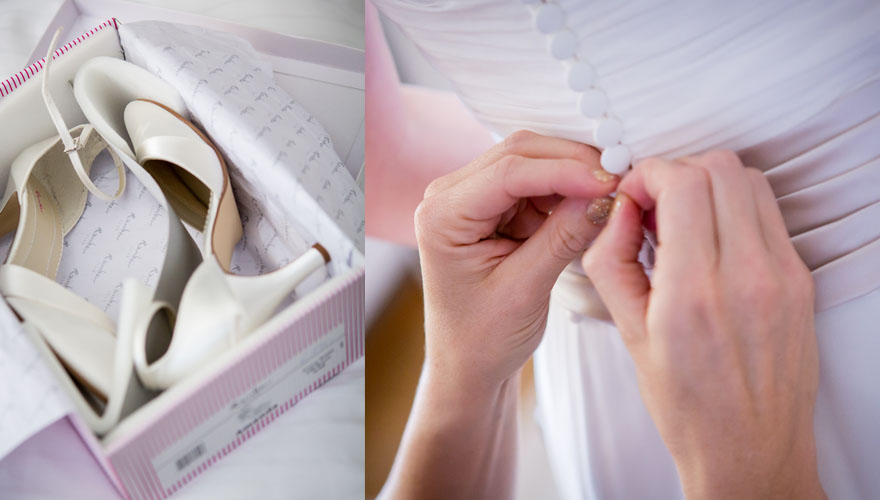 Auf zwei Bildern sieht man die Schuhe einer Braut in der Schuhschachtel und auf dem zweiten Fotos wird das Brautkleid zugeknöpft.