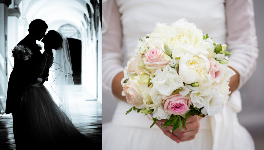 Zwei Bilder zeigen ein Brautpaar dass in einer Arkade steht und sich küsst und den dazugehörigen Brautstrauss mit vielen Rosen.