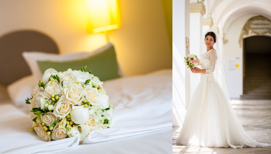 Auf zwei Bildern sieht man einen Brautstrauss aus Rosen welche auf weichen Stoffservietten auf einem Tisch liegen. Das zweite Bild zeigt eine Braut  welche in einem Arkadenhof steht und den Betrachter anlächelt.