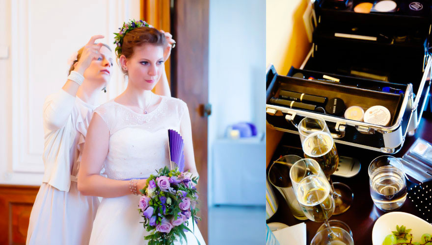 Eine Serie von zwei Bildern zeigt Eine Braut mit Ihrer Freundin. Die Freundin kümmert sich um den Sitz des Blumenhaarkranzes. Das zweite Bild zeigt einen Koffer einer Visagistin mit vielen Schminkutensilien und drei Gläsern Sekt daneben.
