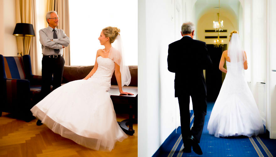 Eine Braut sitz in einem Hotelzimmer und warte auf die Abfahrt zu ihrer Hochzeit. Daneben steht ihr Vater und ist sichtlich erfreut über die Braut. Ein zusätzliches Bild zeigt die Braut, wie sie durch den Hotelflur schreitet. Dicht dahinter geht Ihr Vat