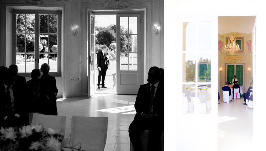 Eine Serie von zwei Bildern zeigt einen Hochzeitssalon. Am Eingang erkennt man ein küssendes Ehepaar während die Gäste auf den Beginn warten. Das gleiche Paar sitzt am nächsten Foto bereits bei der Trauung. Der Fotograf steht draussen und erfasst das 